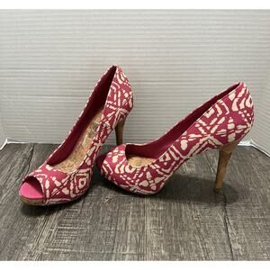 CHRISTIAN SIRIANO Women’s Pink & White Ikat Canvas & Cork Peep Toe Pump Heel 7.5